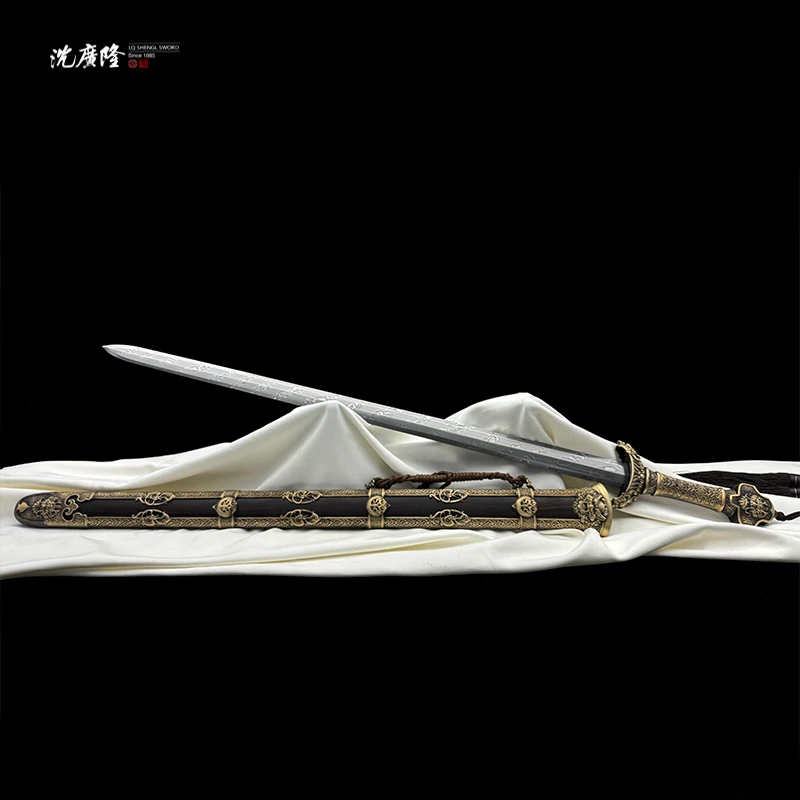 龙泉沈广隆-天玑剑收藏版 黄铜黑檀木花纹钢 手工锻打宝剑 未开刃