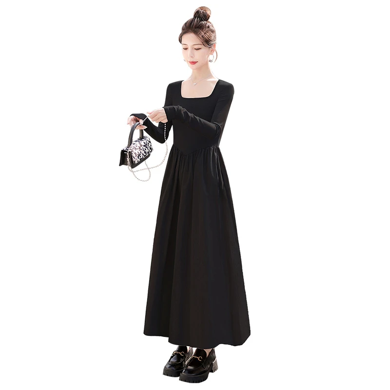 丝柏舍2025夏季新款女时尚修身显瘦方领长袖拼接连衣裙S41B0846L