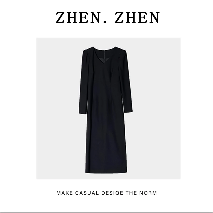 【连衣裙】 ZHEN ZHEN STUDIO气质显瘦轻奢长袖黑色连衣裙3313