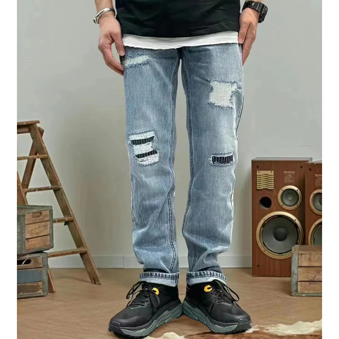 GUR MONGOL 新款牛仔裤百搭牛仔裤直筒破洞时尚潮流休闲做旧水洗