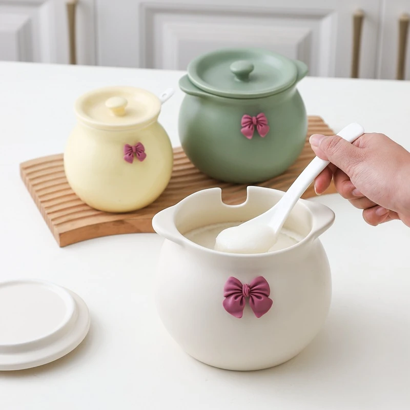 奶白色家用猪油罐厨房耐高温荤油罐油泼辣子专用罐陶瓷带盖调味罐