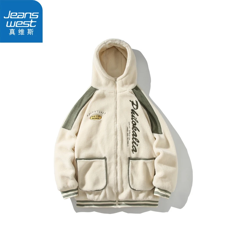 真维斯港风青少年毛绒撞色外套男款冬季加绒厚连帽潮保暖棉衣服