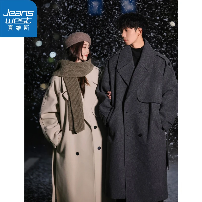 真维斯情侣装毛呢大衣男中长款冬季加厚潮牌痞帅宽松呢子风衣外套