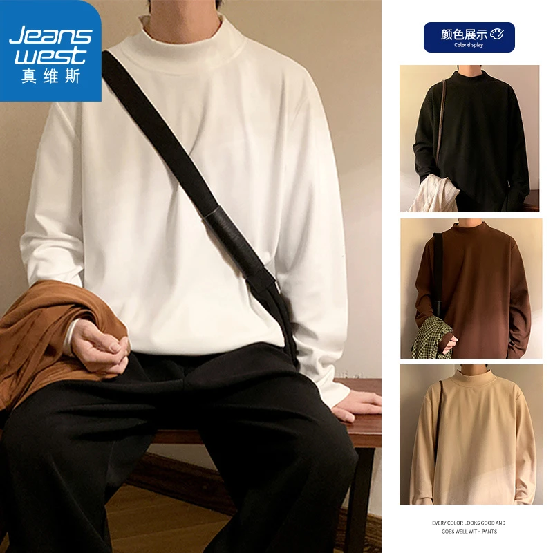 真维斯白色半高领绒德打底衫男秋季加绒保暖卫衣叠穿内搭长袖T恤