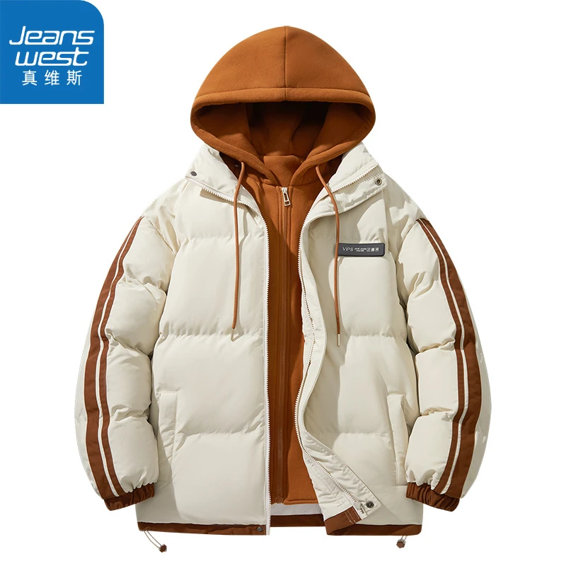 真维斯美式假两件棉服外套男秋冬季2024新款青少年撞色棉衣夹克衫