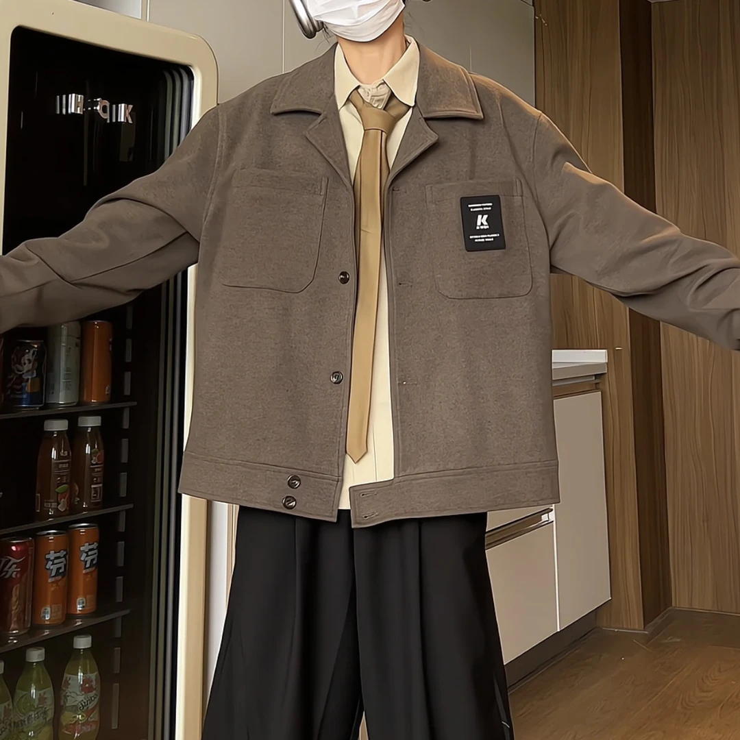 秋装新款美式百搭宽松复古夹克外套情侣潮流呢料夹克学院风衣外套