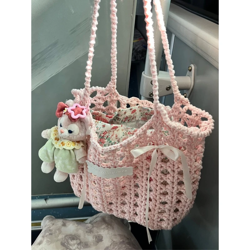 夏日碎花镂空单肩包手工diy材料包圆股纱钩织包包送女友闺蜜礼物