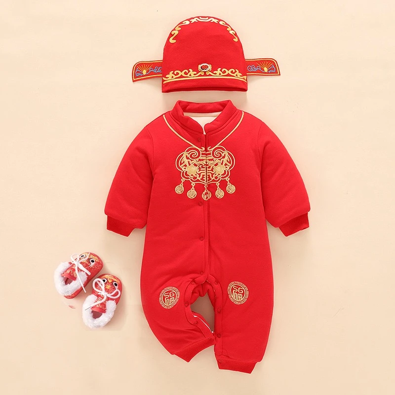 婴儿冬装唐装新年衣服6-12月棉服哈衣外出抱衣百天男宝拜年抓周岁