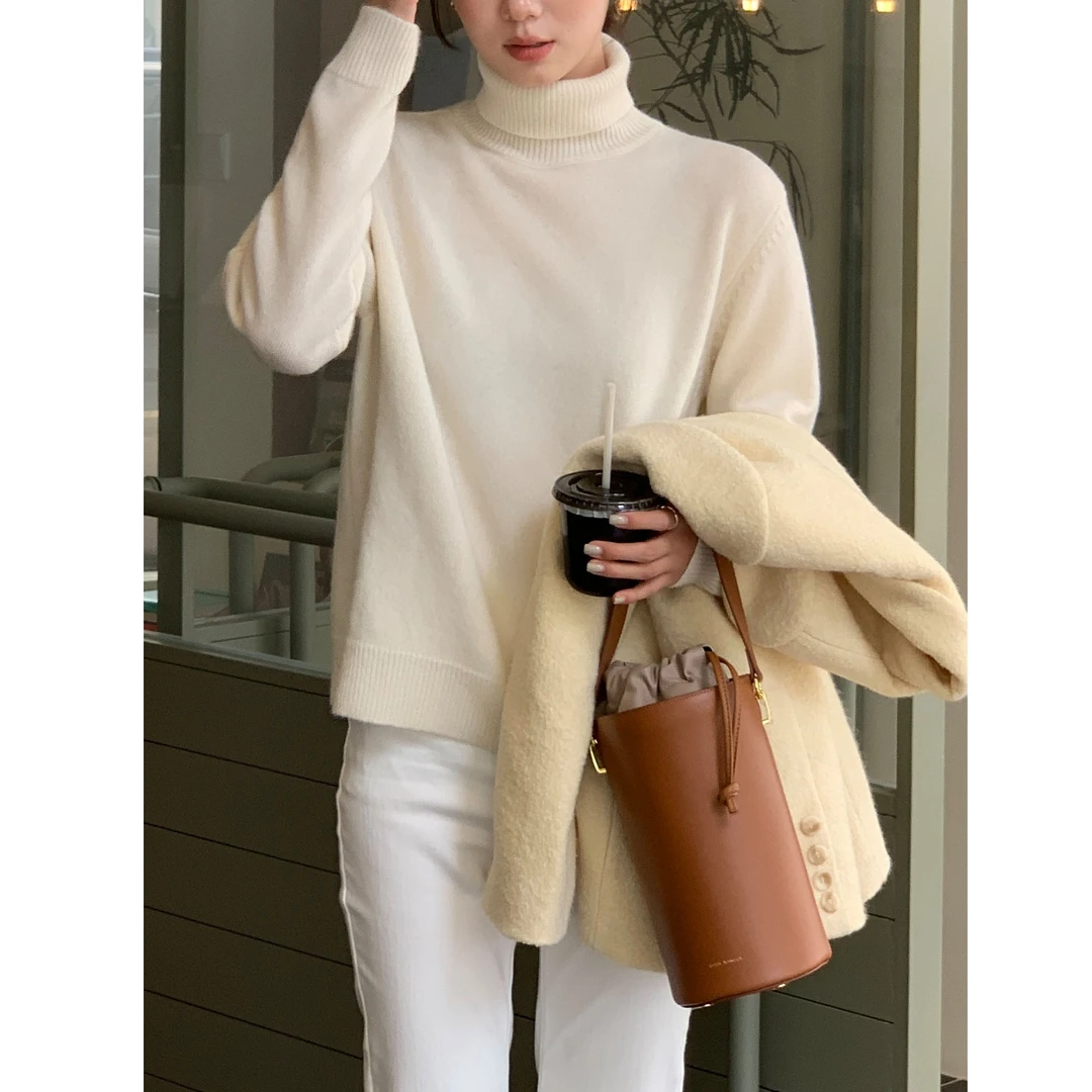 清 DH OFFICIAL 大花【叠穿单品Single】米白针织高领长袖套头毛衣