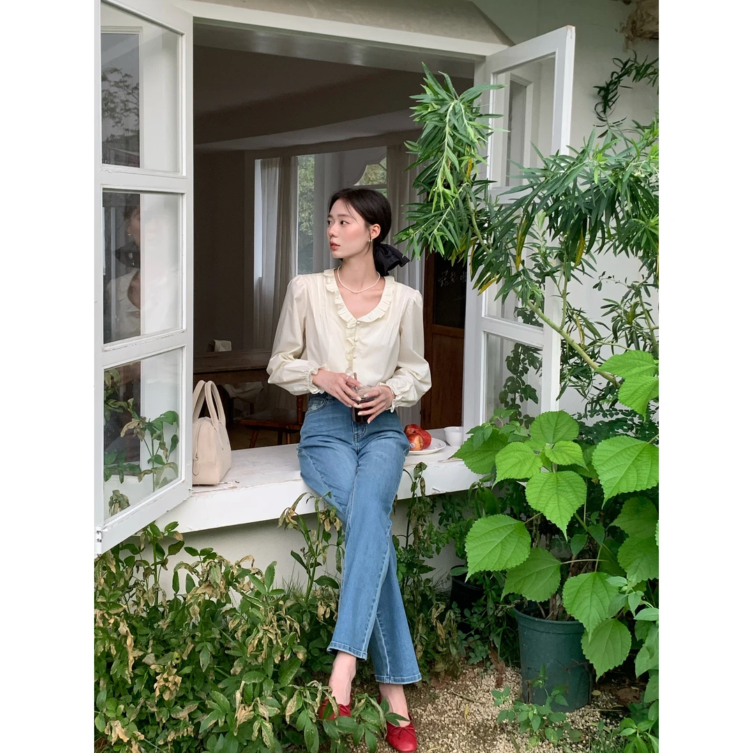 DH OFFICIAL 大花【大吉白茶Dajeeling】小众木耳边长袖衬衫上衣女