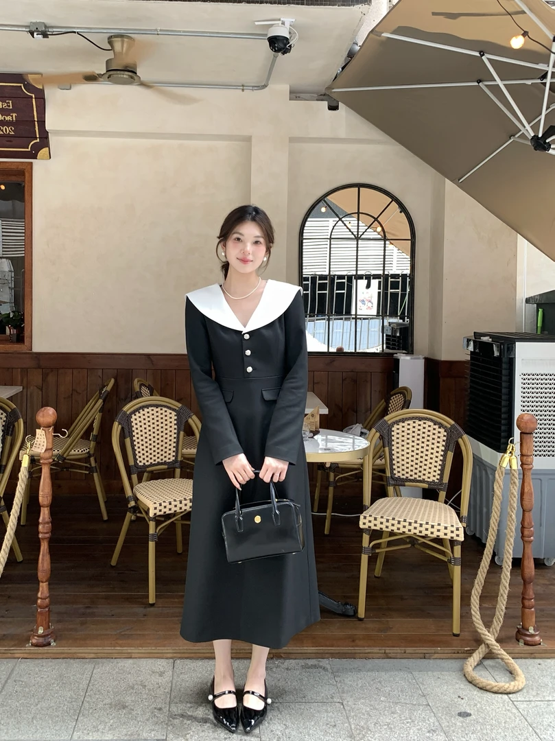 DH OFFICIAL 大花【珍妮裙2.0】气质法式撞色长袖长裙女装连衣裙