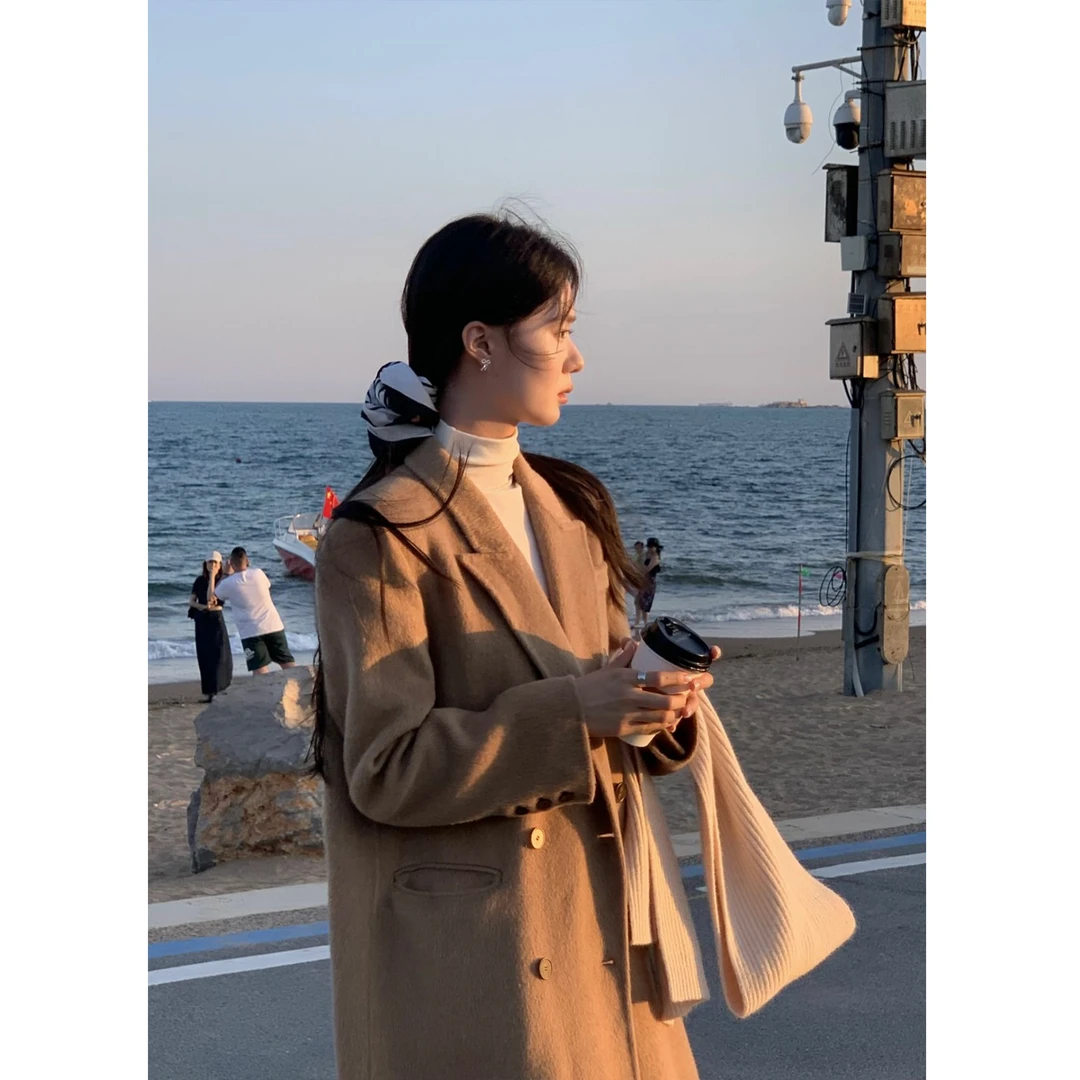 DH OFFICIAL 大花【北岛雪山 snow】韩版秋冬新款羊毛长款过膝大衣