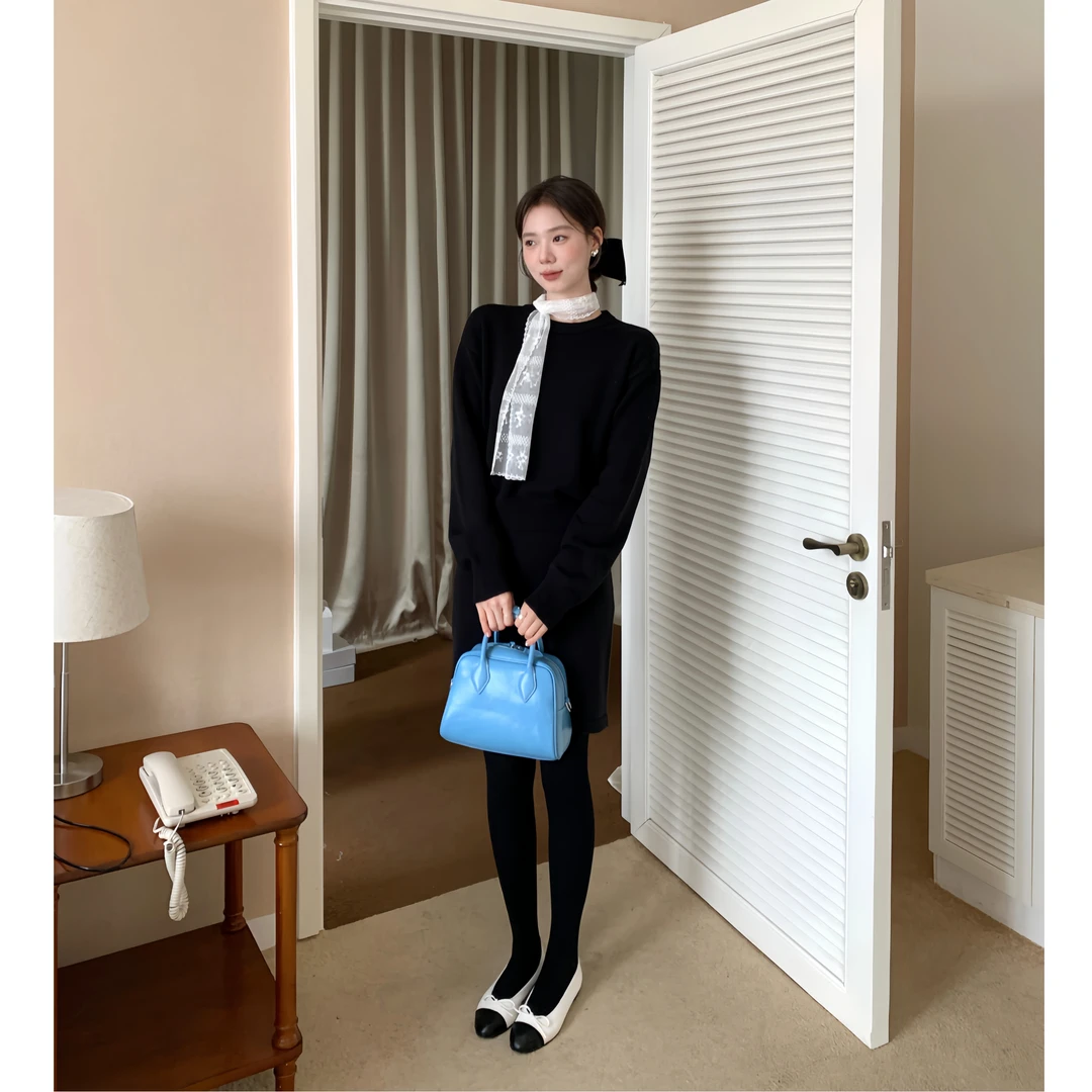 清 DHOFFICIAL大花【温妮的约定】黑色显瘦修身秋冬韩版毛衣套装