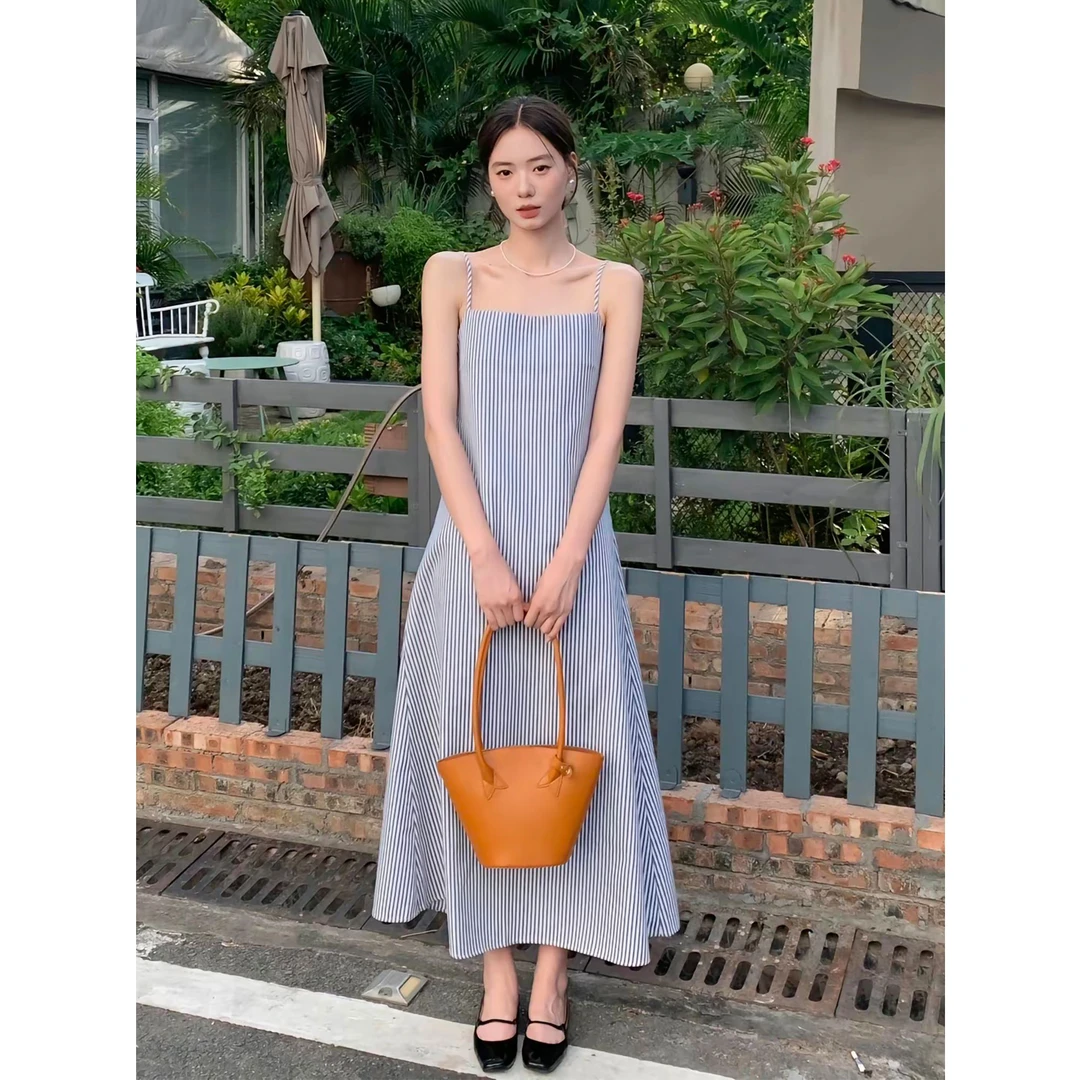 【现货】DHOFFICIAL大花【济州岛屿】蓝白条纹小众长款连衣裙吊带裙子