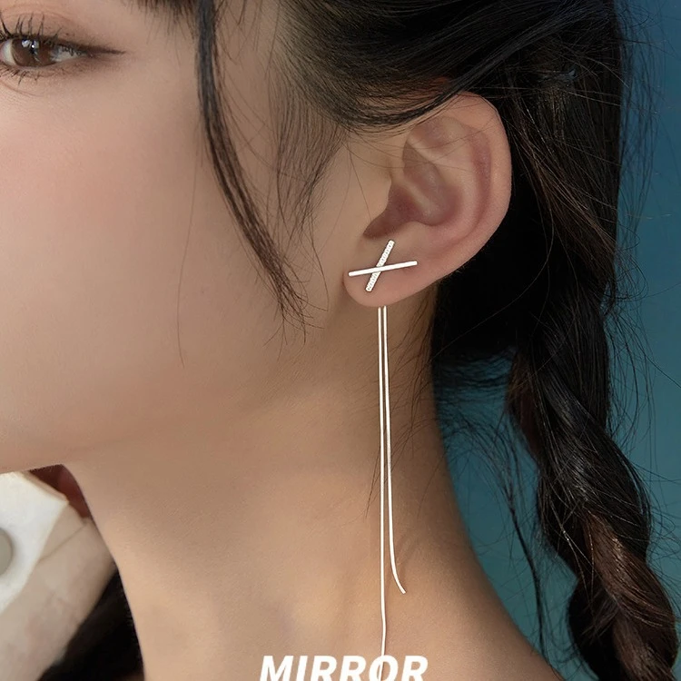 铜合金耳饰 气质925纯银针耳钉女长款流苏耳饰耳环交叉简约显脸小