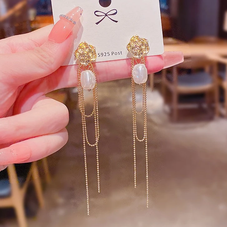 铜合金耳饰 S925银针超仙气长款流苏玫瑰花耳环小众设计感女耳钉