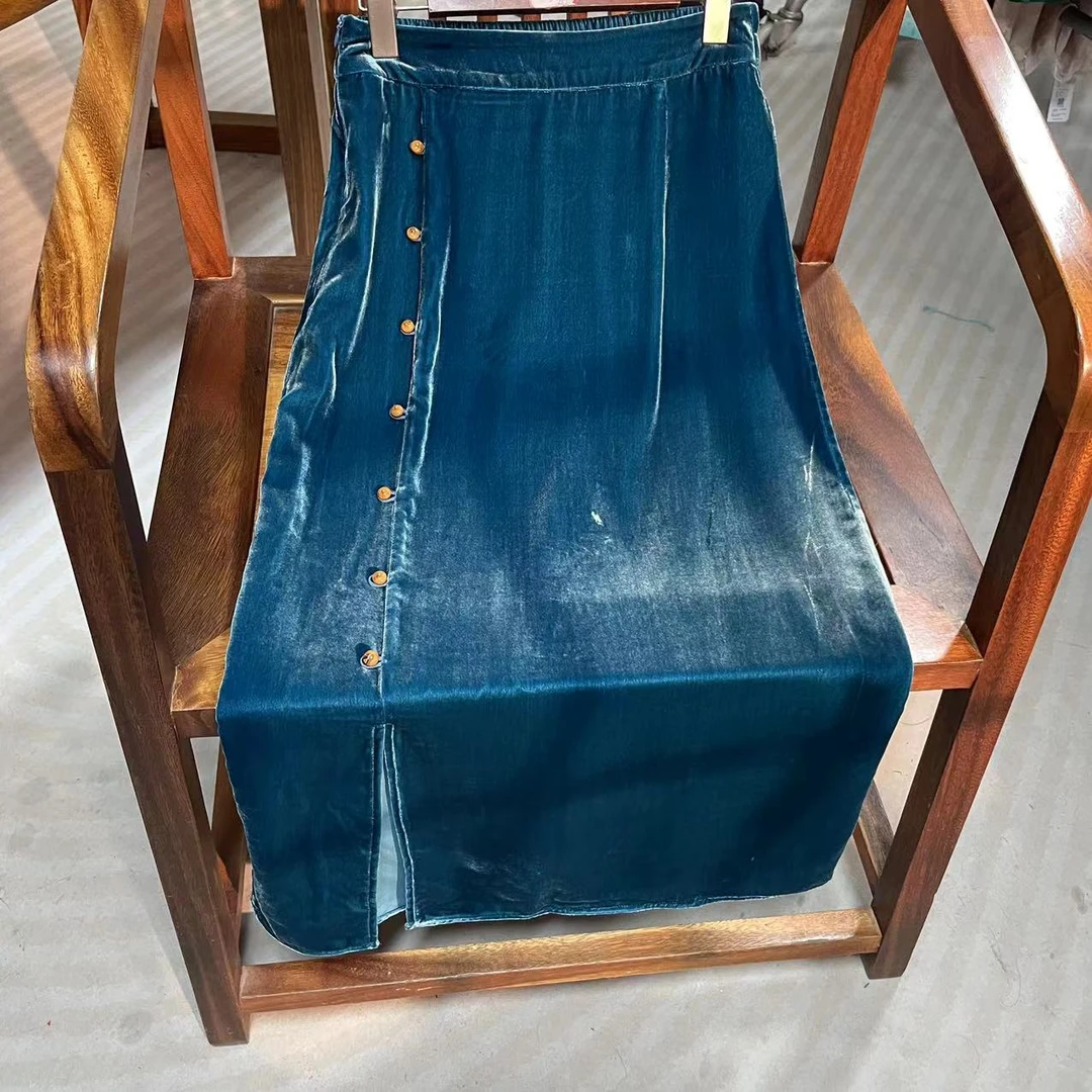 雅姿锦 断码【丝绒蓝裙】新中式网搭休闲复古气质丝绒半裙663095