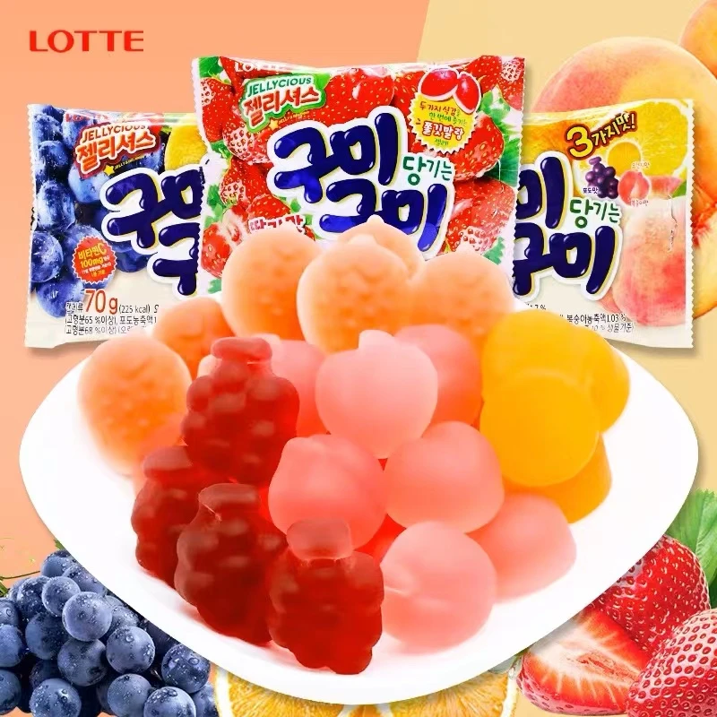 韩国进口乐天草莓味混合水果味软糖70g儿童休闲糖果零食qq橡皮糖