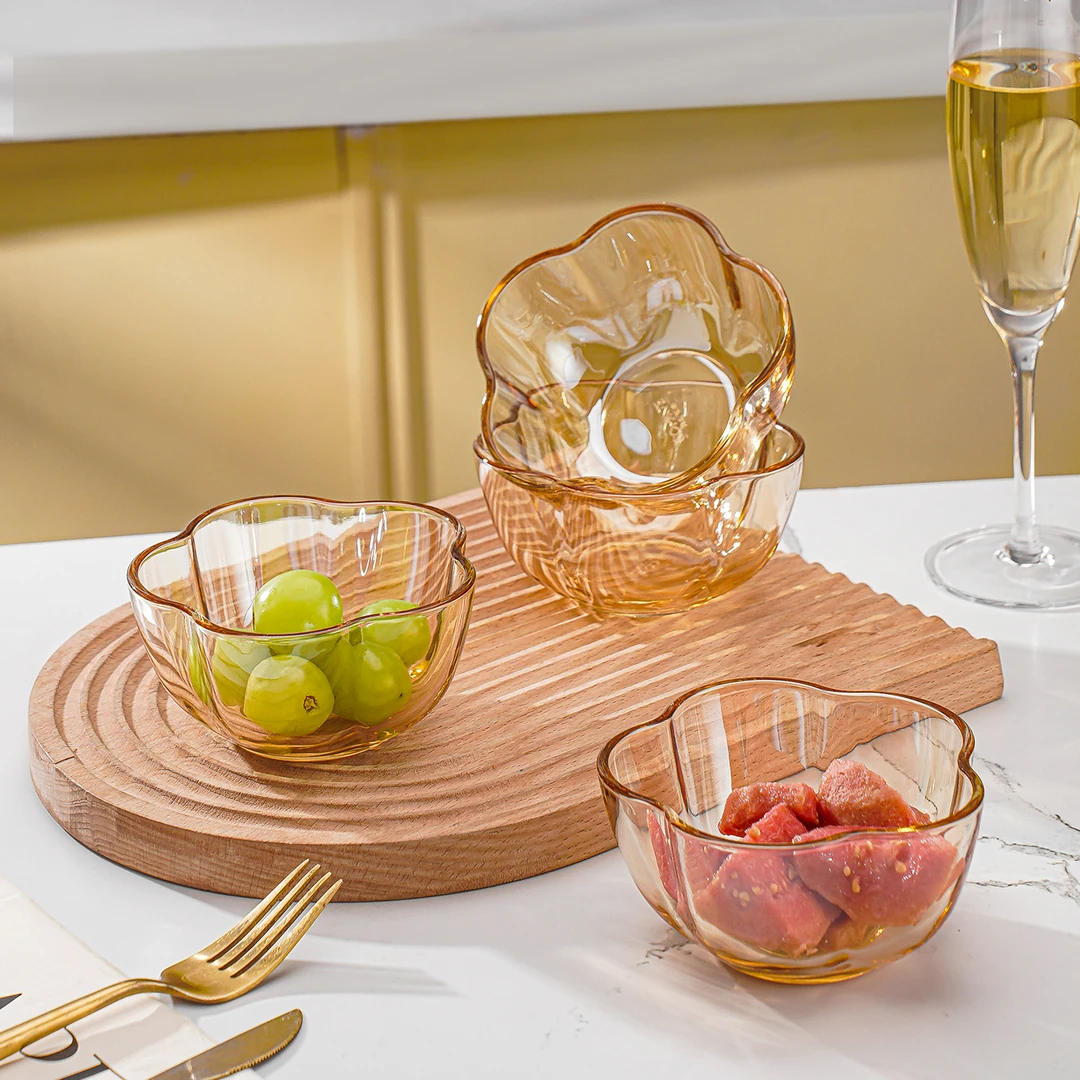 家用高颜值琥珀梅花玻璃碗家用调味碗小吃碟小吃碗米饭碗