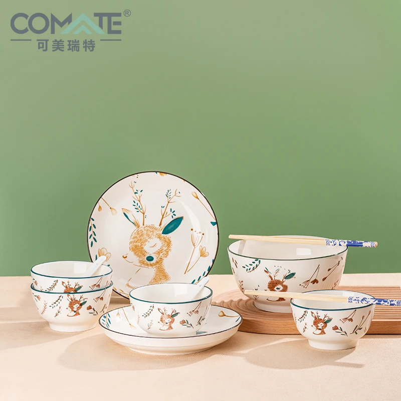 【主播宠粉】十一件套小鹿系列陶瓷餐具 1大碗+4小碗+2盘+2勺+2筷