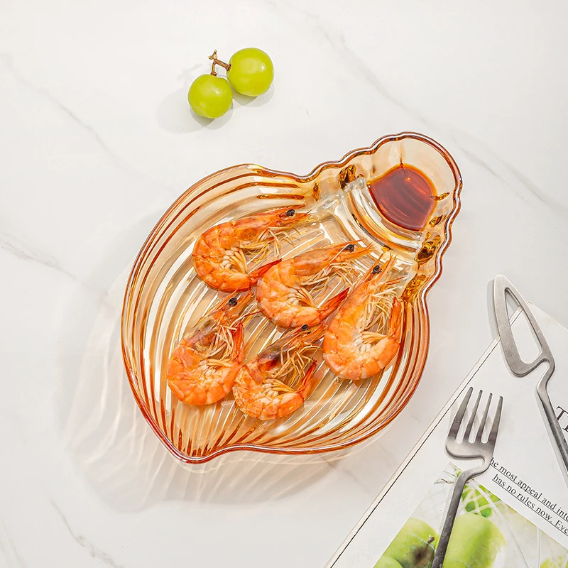 高颜值琥珀海螺欧式透明玻璃饺子盘带蘸料碟多功能创意家用水果盘