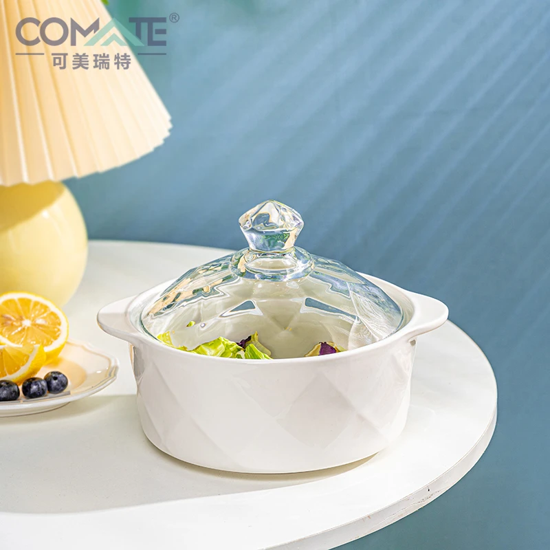 【粉丝福利】欧式家用耐热双耳陶瓷钻石汤碗1200ML配玻璃盖不可明火