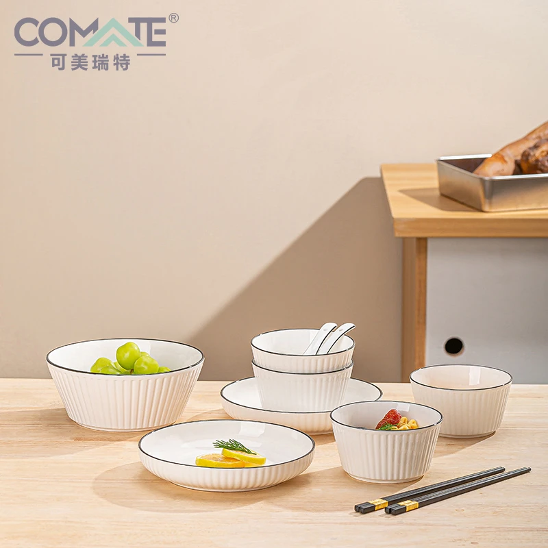 【粉丝福利】北欧竖纹陶瓷网红餐具餐具碗盘套装家用釉下彩十一件套