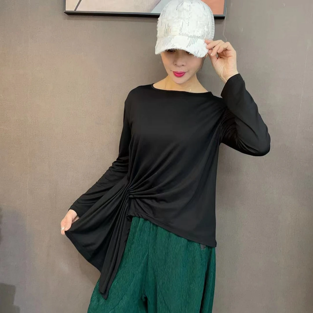 伴月女王圆领褶皱上衣时尚长袖打底百搭针织衫宽松女装打底衫休闲