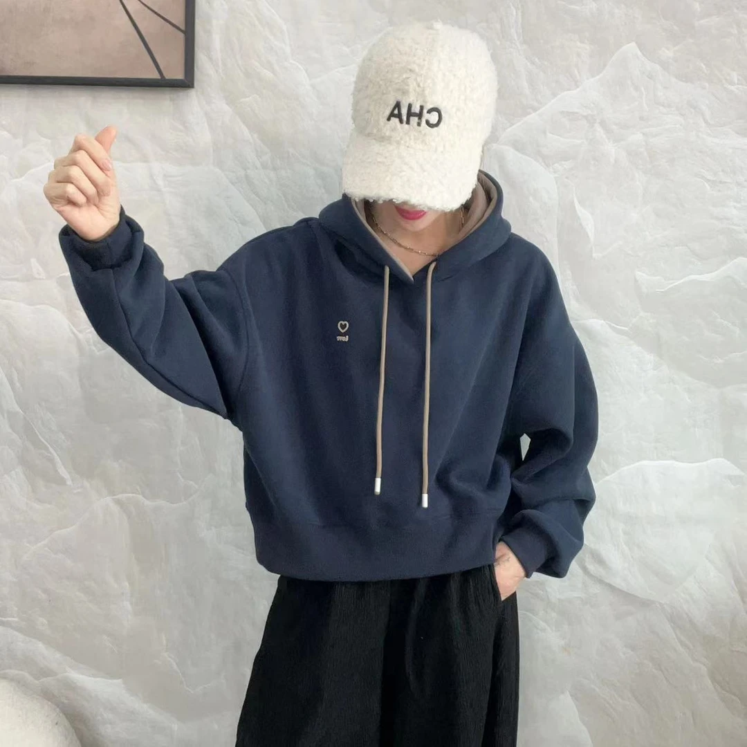 伴月女王原创宽松加绒卫衣连帽加厚套头休闲拼接百搭时尚减龄长袖