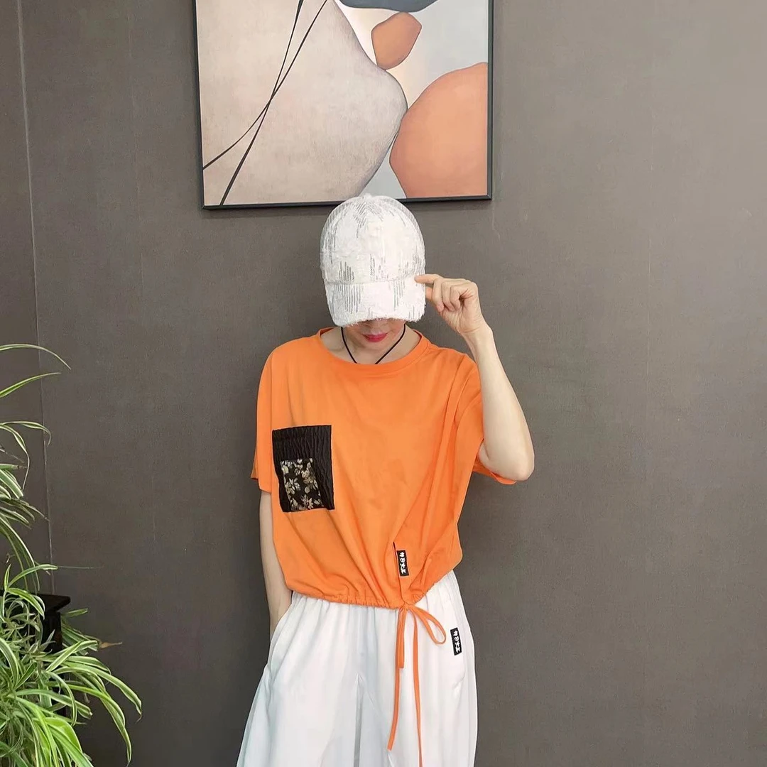 伴月女王韩版夏季贴布宽松系带大码T恤显瘦女装运动休闲上衣时尚
