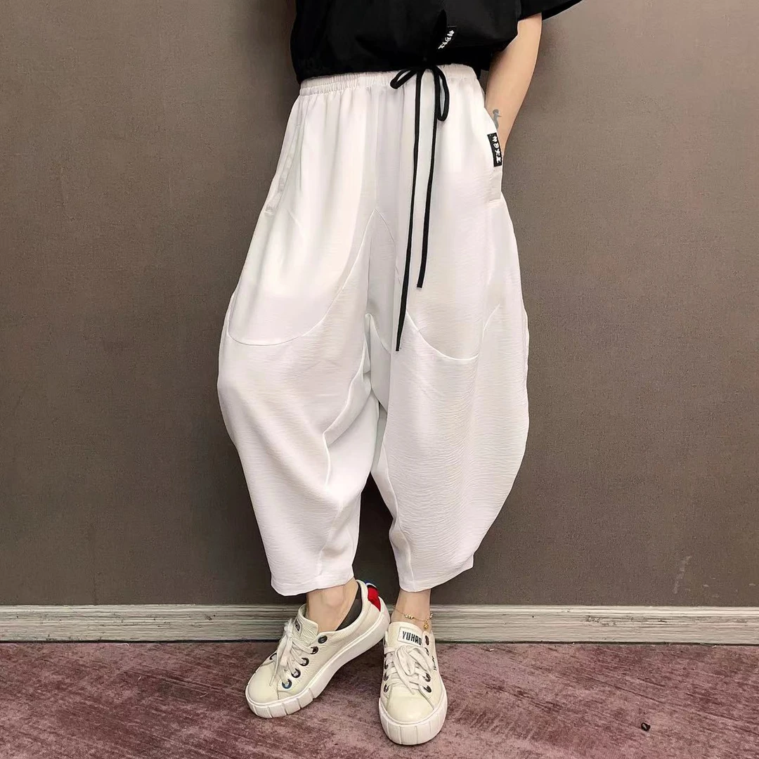 伴月女王2023夏季新款纯色九分裤哈伦裤宽松阔腿裤休闲裤中腰大码