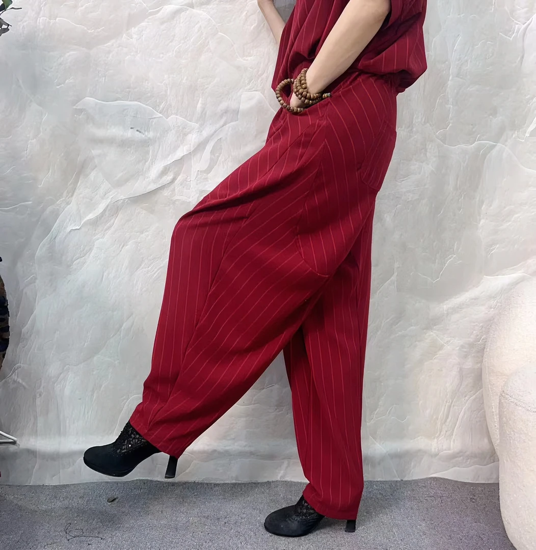 伴月女王《裤子》竖条调档哈伦裤休闲长裤印花扎染洋气花色时尚百搭