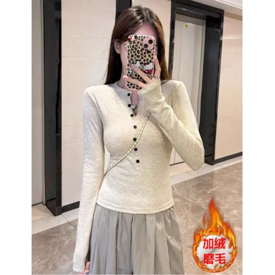 大码修身弹力长袖正肩T恤女装秋冬加绒纯欲修身收腰显身材打底衫