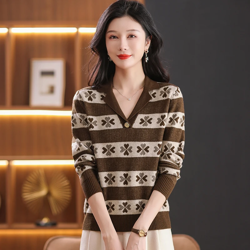 女装秋季长袖针织衫洋气条纹拼色长袖针织上衣百搭宽松套头中年装