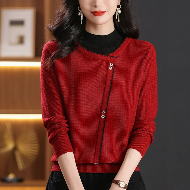 秋冬新款保暖洋气半高领加厚针织内搭气质长袖假两件显瘦百搭上衣