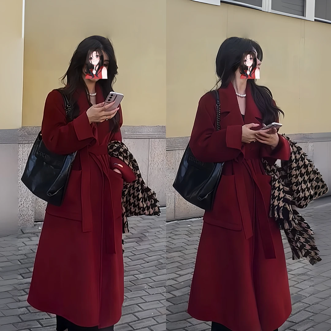 秋冬新款双面绒大衣女中长款浴袍毛呢外套系带宽松显瘦加厚款