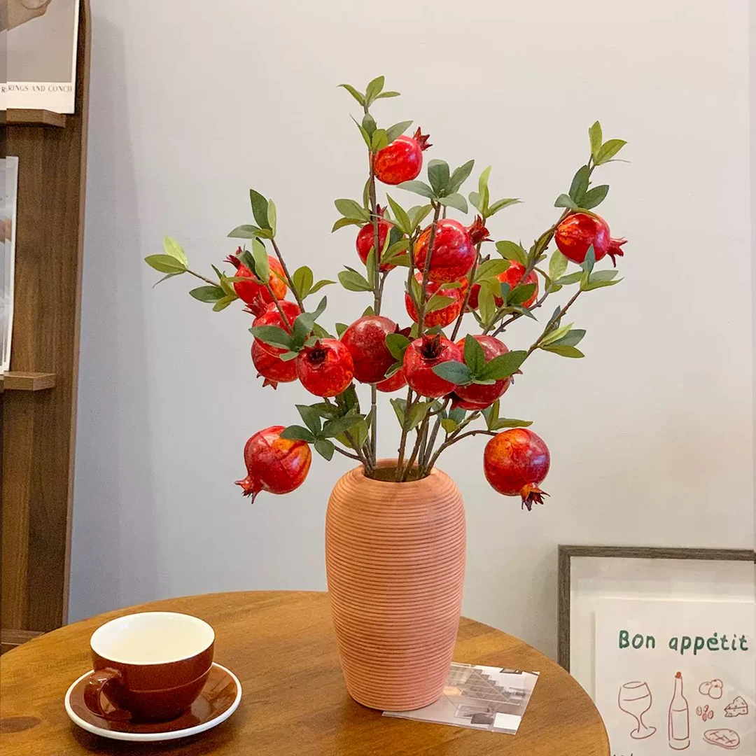 复古仿真花石榴果装饰摆件客厅餐桌玄关柿子果实假花树枝如意插
