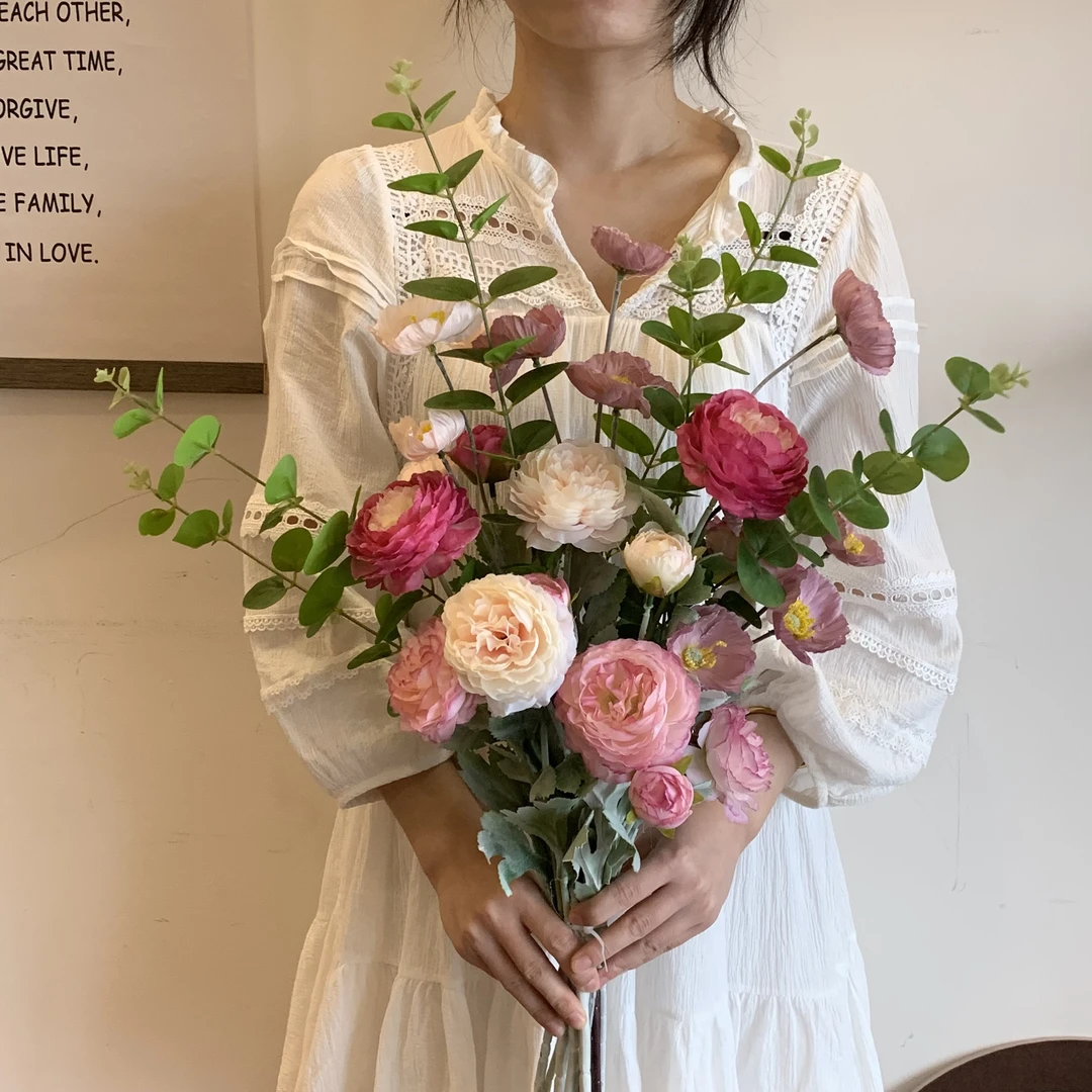 (梦泽）露莲花束尤加利叶虞美人粉紫色系仿真花束 9支花材