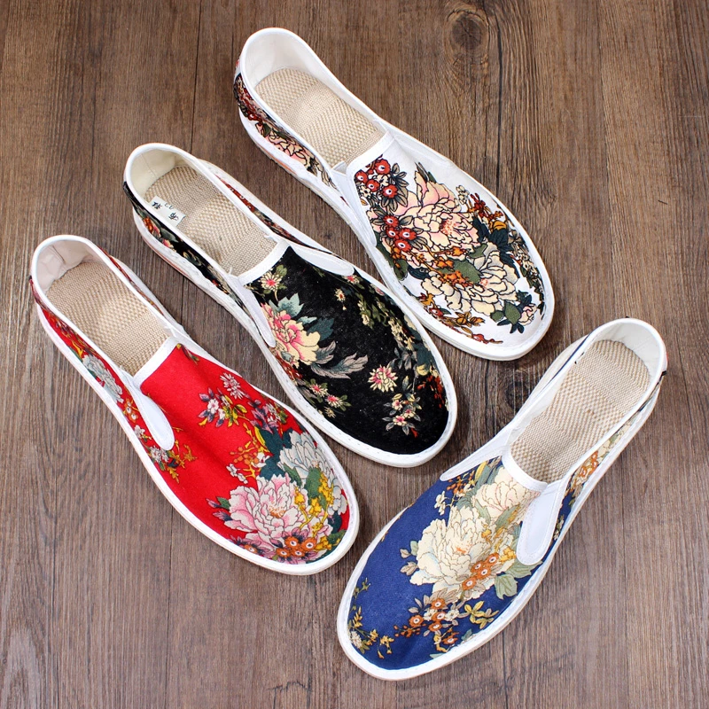 老北京花布鞋男社会一脚蹬夏季中国风透气低帮软底个性平底懒人鞋