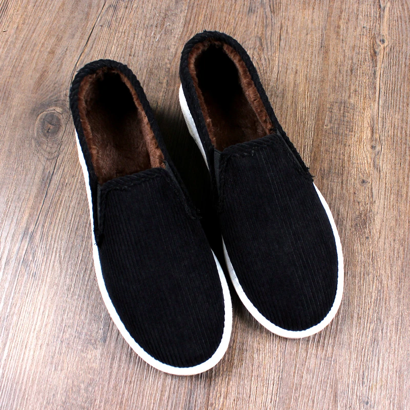 冬季加绒老北京布鞋男款灯芯绒手工千层底棉鞋加厚保暖一脚蹬棉布