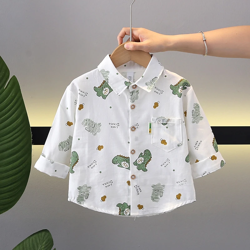 童装儿童上衣春装2024新款男童宝宝春夏款卡通恐龙长袖衬衫百搭