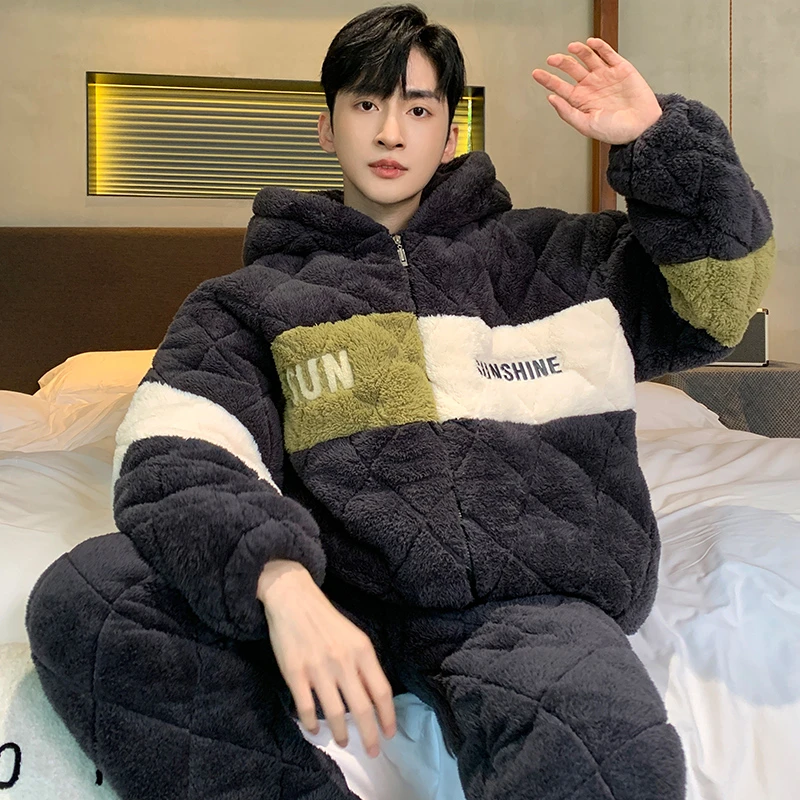 三层夹棉睡衣男士秋冬季保暧珊瑚绒加绒加厚冬天款男式家居服套装