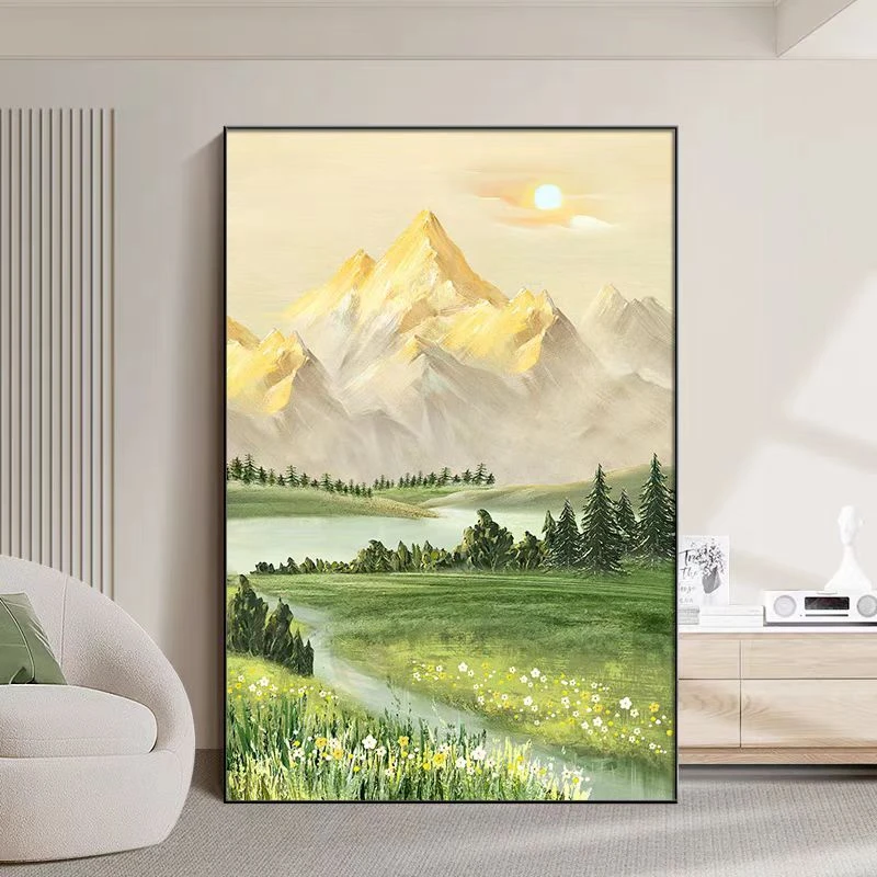日照金山风景手绘油画客厅沙发背景墙质感入户玄关肌理落地挂画
