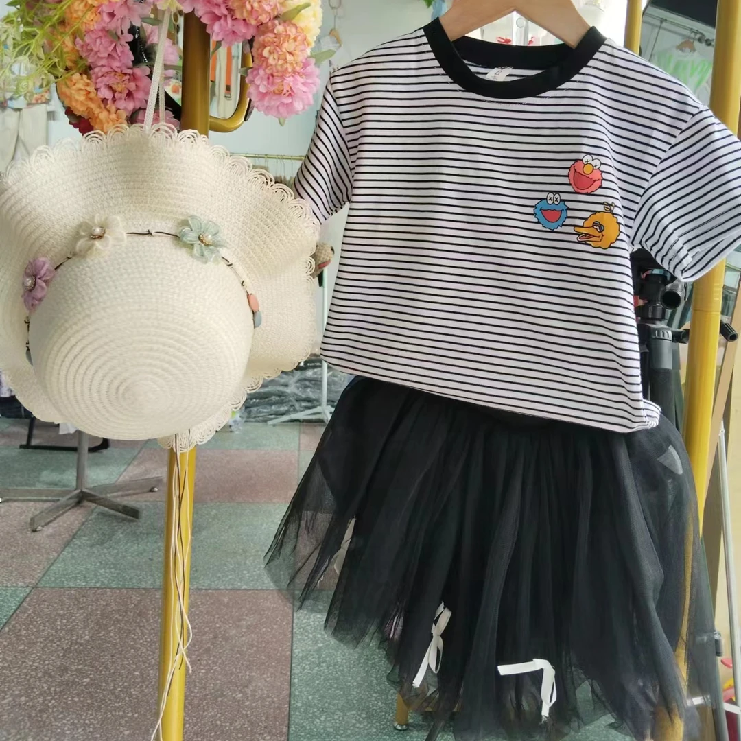 儿童节黑白纱裙套装女童时尚夏季圆领条纹休闲夏款小童韩版印花