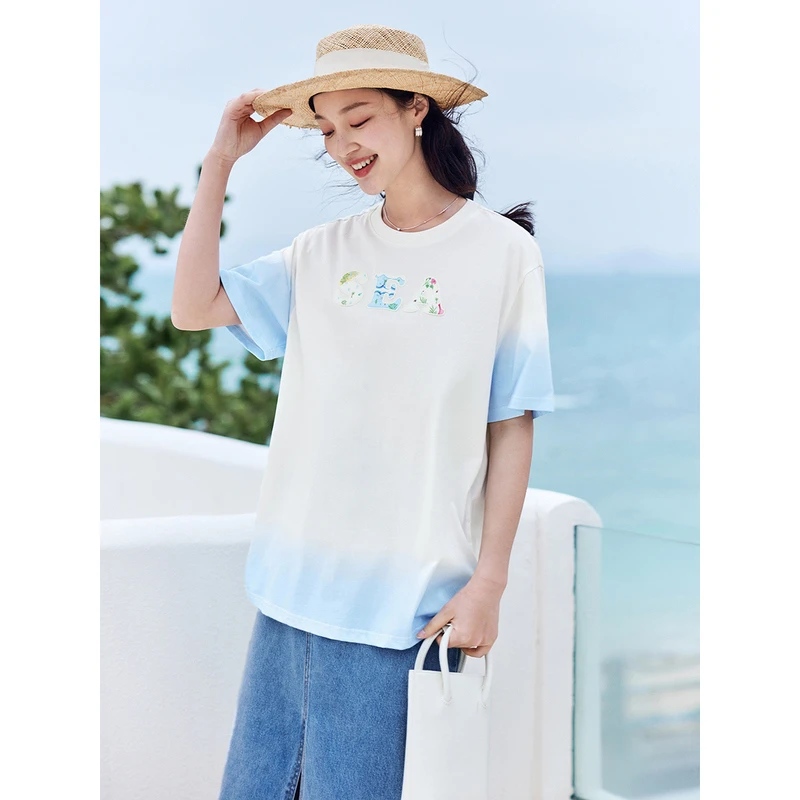【99元3件】茵曼2023夏女装新款圆领短袖贴布绣印花宽松清新休闲T恤