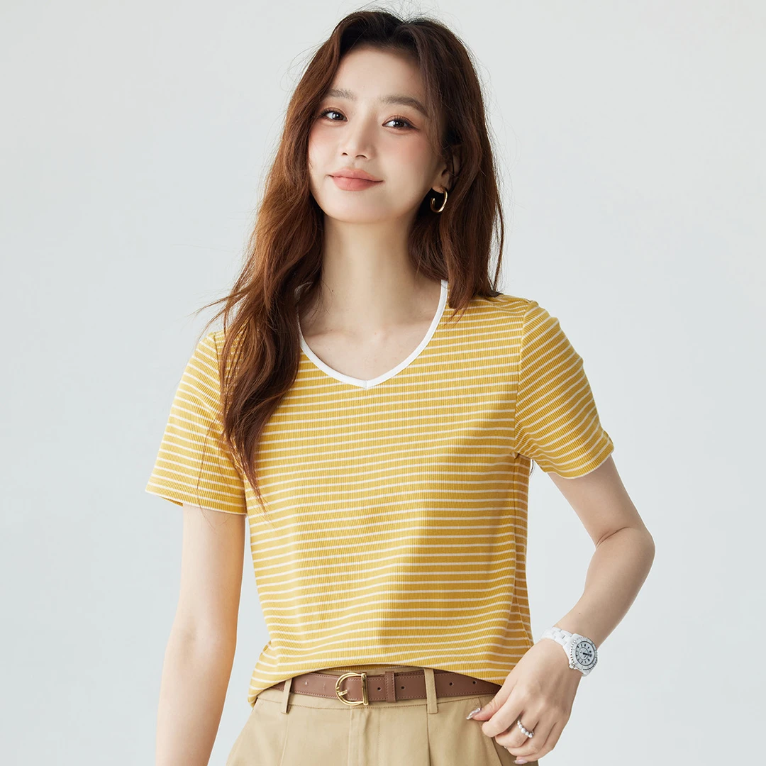 茵曼纯色经典撞色条纹V领T恤女2024夏季时尚百搭舒适休闲短袖茵曼