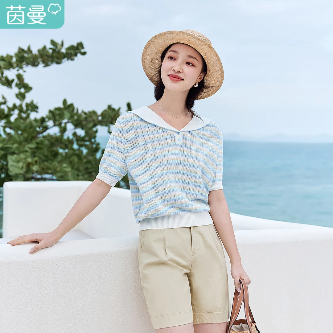 茵曼夏装显瘦新款海军领泡泡袖短袖横条纹减龄清新休闲针织衫