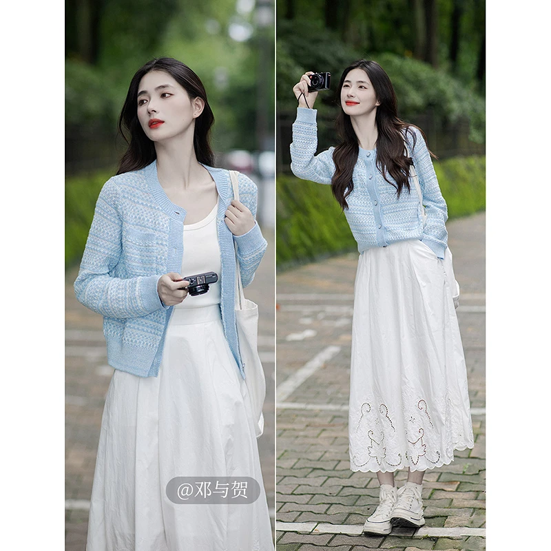 茵曼小香风条纹开衫毛衣2024早秋女装新款圆领宽松长袖针织外套