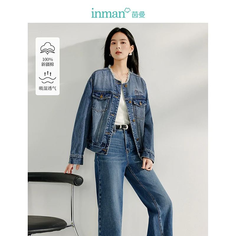 【年终狂欢季】茵曼春季复古洗水毛边刺绣圆领牛仔外套100%棉上衣女