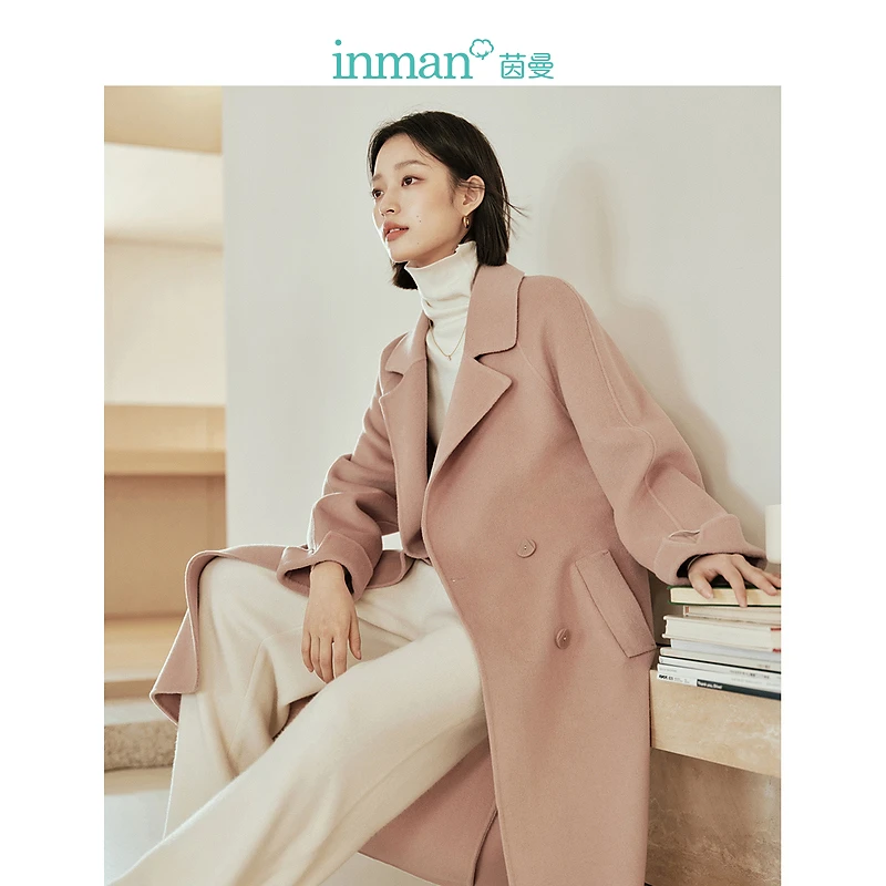 茵曼双面呢大衣2023冬女装新款翻领双排扣长袖系带长款收腰外套